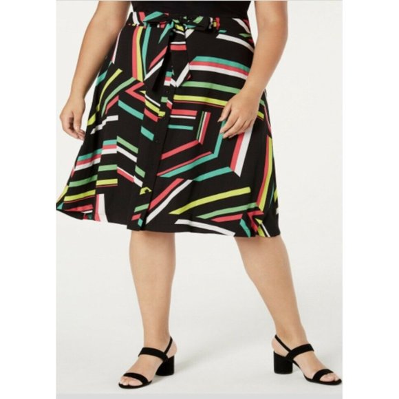 Bar III Womens Multi Colored Belted Button Front Printed A-Line Skirt Size 20W - Picture 5 of 5